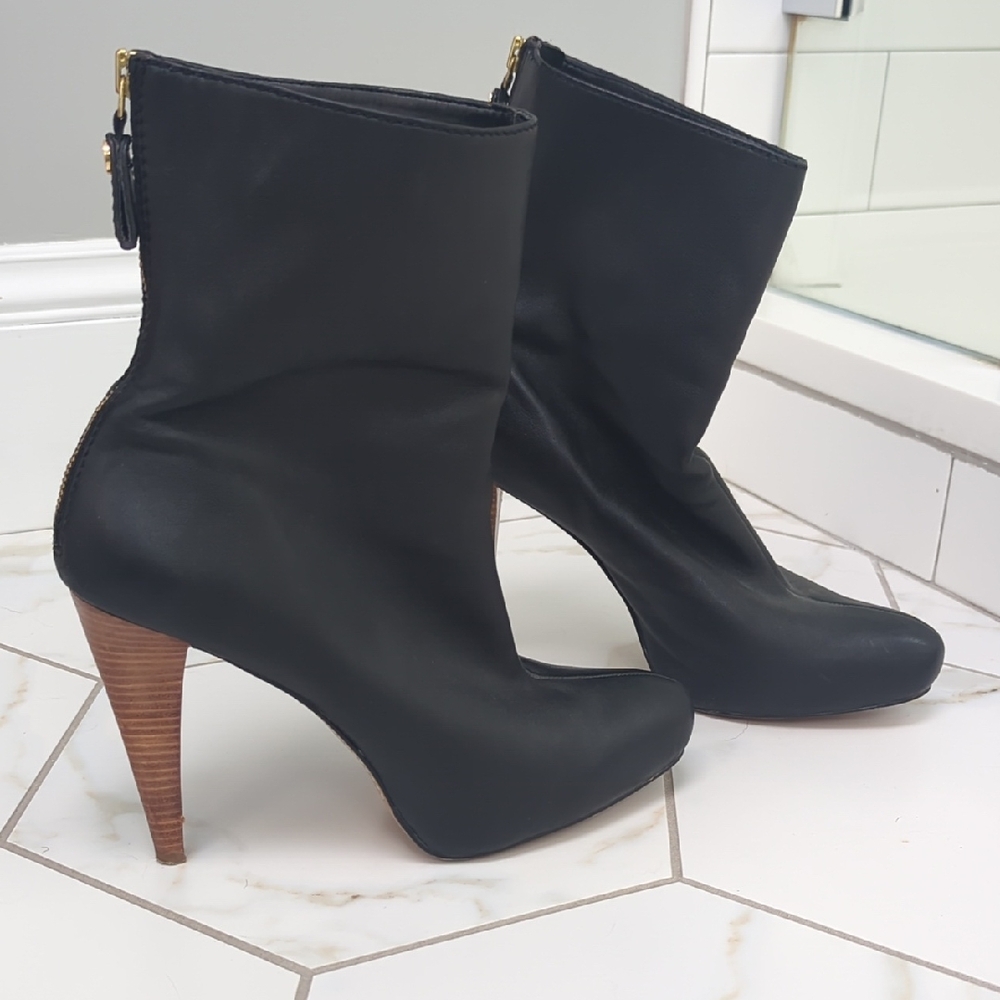Calvin Klein Black Heeled Boots with Tan Accents